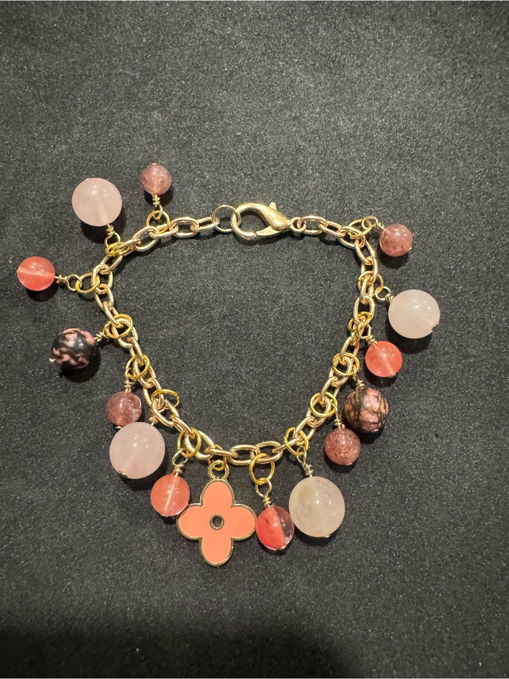 Charm Bracelet with Rose Quartz, watermelon quartz, strawberry quartz& rhodonit